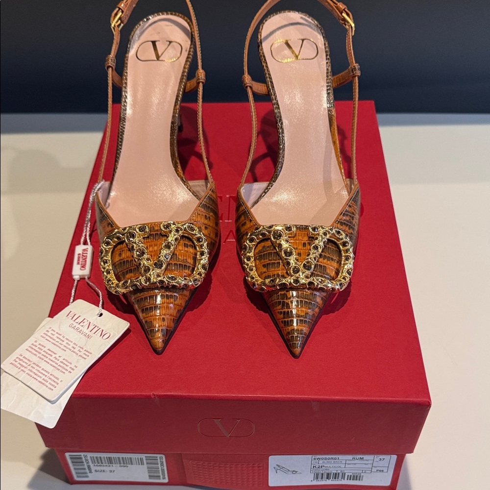 Valentino Tan and Gold Snakeskin Slingback Heels